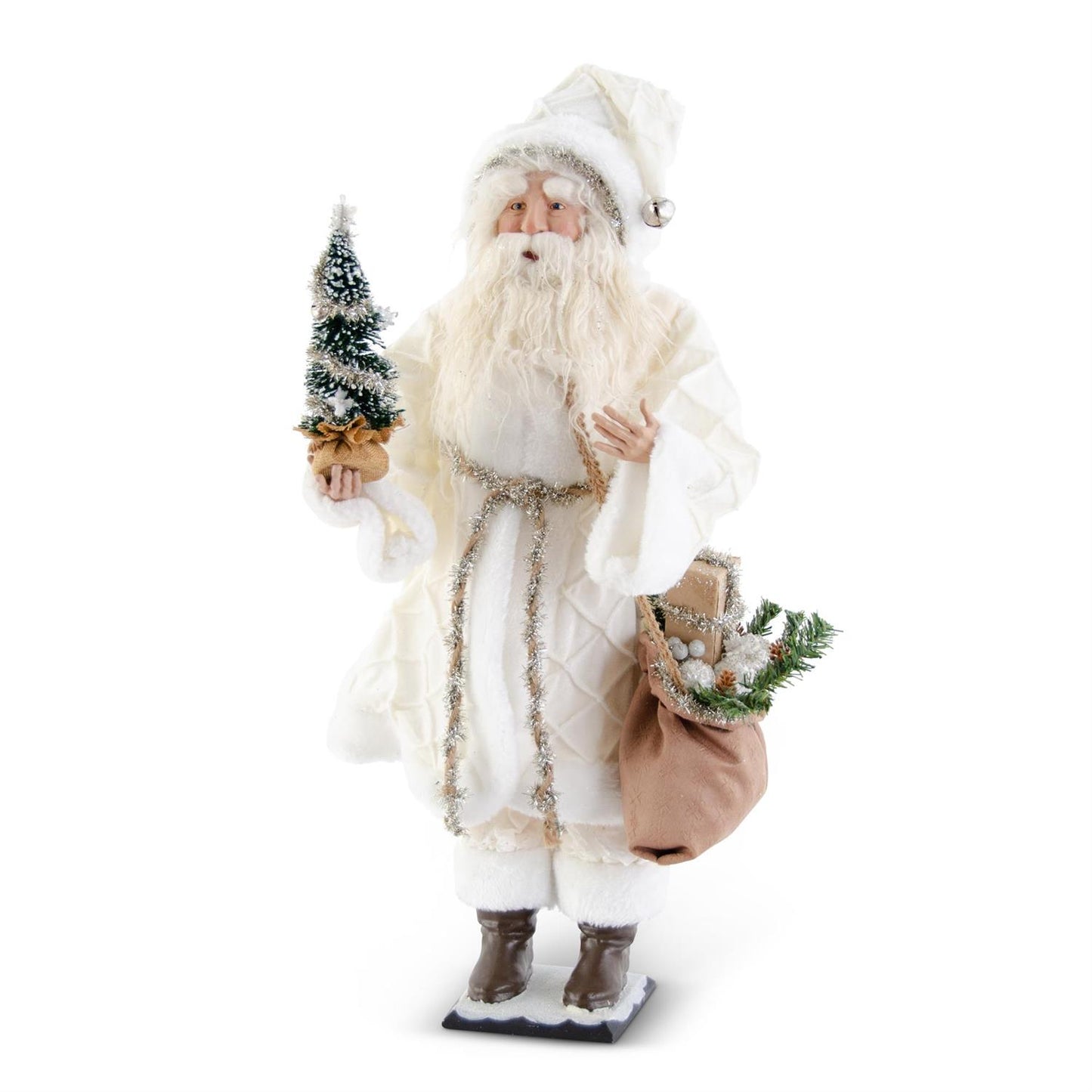28" Santa In White Coat w/Tree & Sack