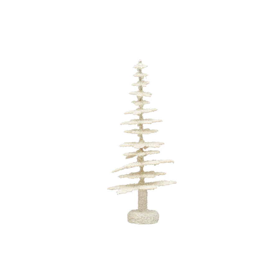 4" Round x 9"H Coated Paper Tree w/ Glitter, Antique Finish, Cream Color