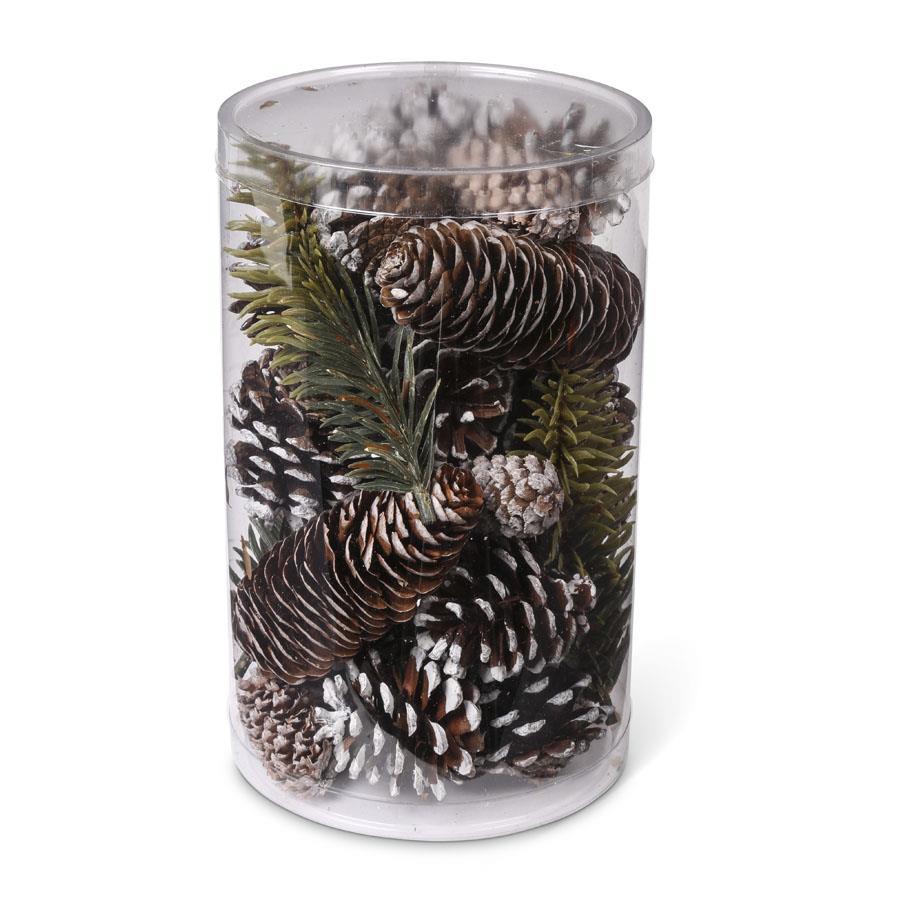 8" Cylinder of Assorted snowy Pinecones
