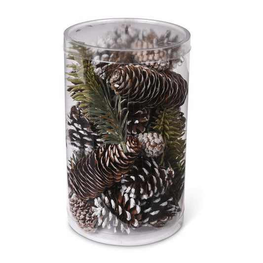 8" Cylinder of Assorted snowy Pinecones