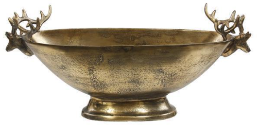 23.5" ANTIQUE GOLD ALUMINUM BOWL WITH DEER HEAD HANDLES